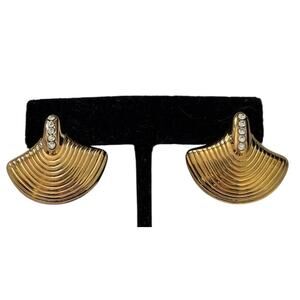 Gold Tone Earrings Pierced Rhinestone Geometric Fan Art Deco